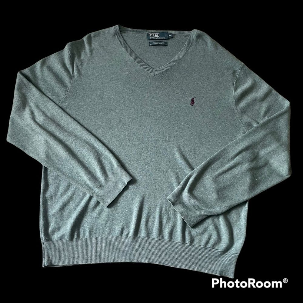 Polo Ralph Lauren Sweater Men Size XL 100% Pima Cotton V Neck Green Maroon Pony